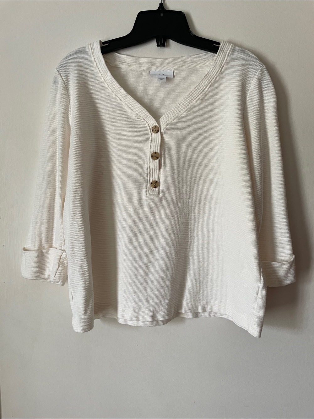 Cream Ribbed Henley Top with Button Placket